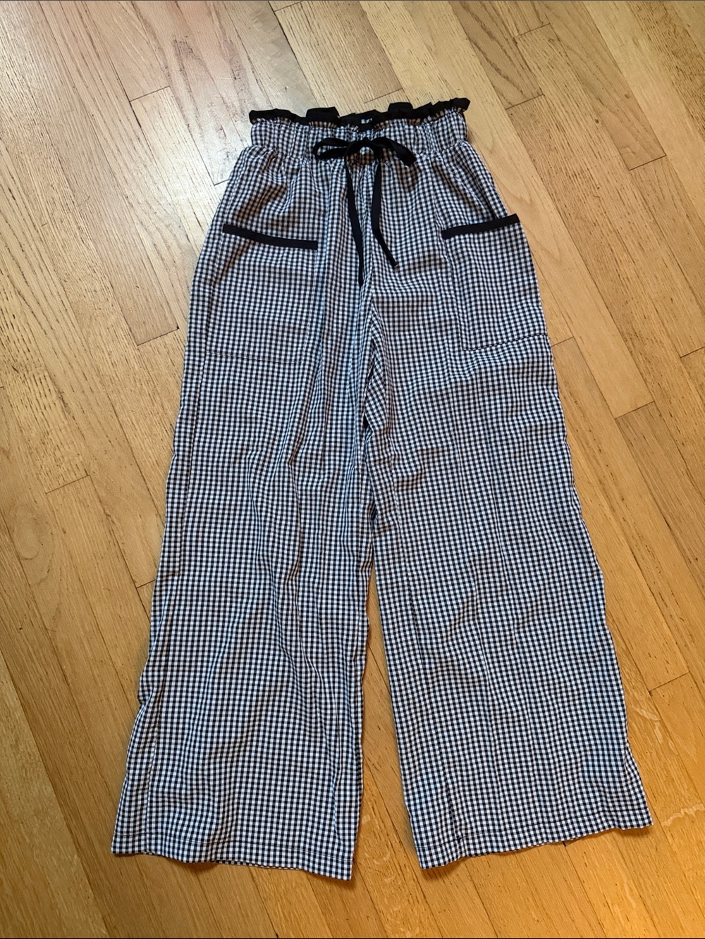 Wide-Leg Gingham Tie-Waist Pants - Black/White